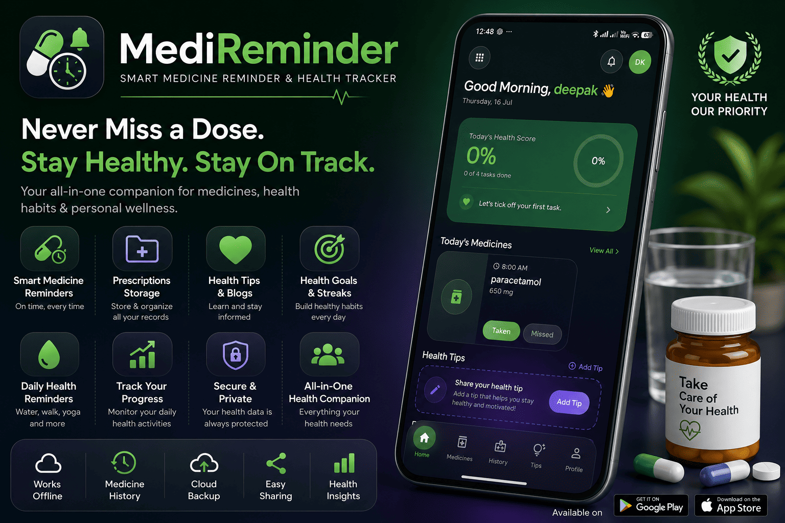 MediReminder app screenshot showing health dashboard, medicine reminders, and health tips